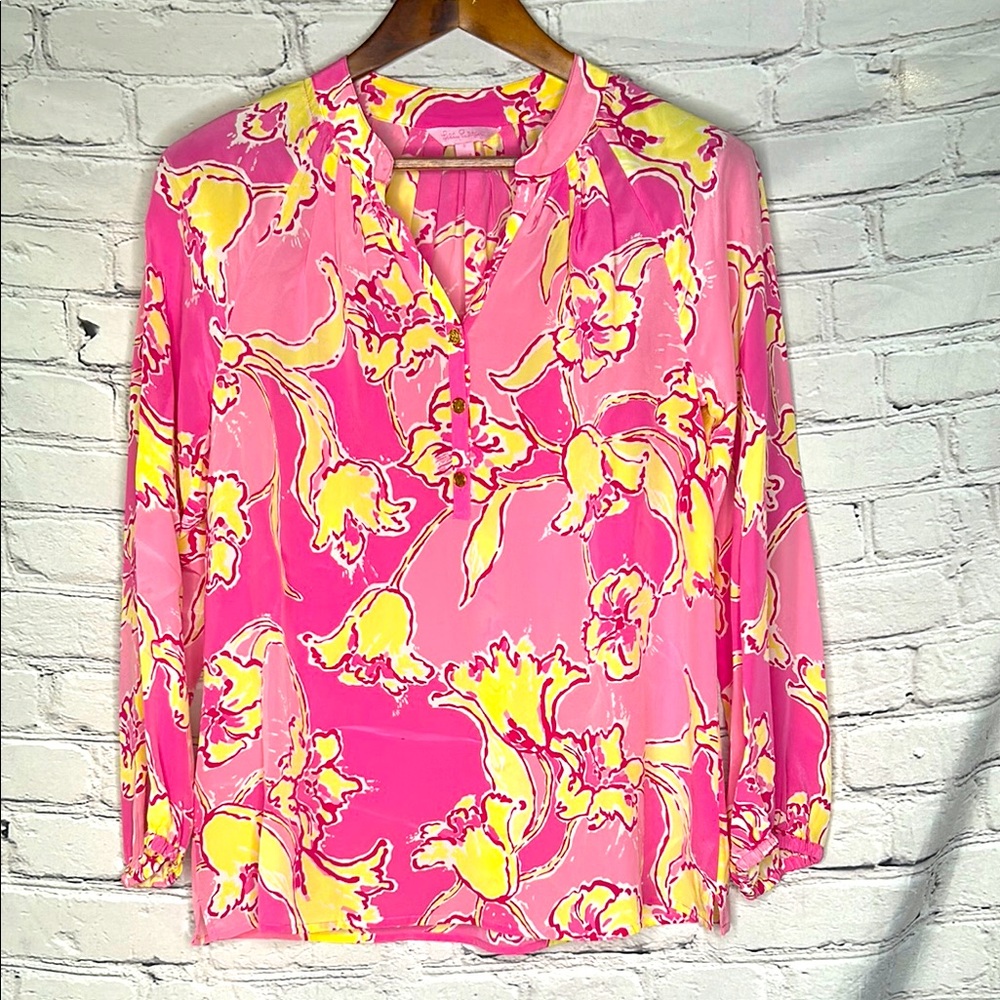 Lilly Pulitzer Pink & Yellow Long Sleeve Silk Top Size Small Excellent Condition